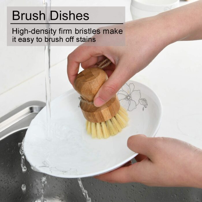 Bamboo dish scrub brushes, kitchen wooden cleaning scrubbers for washing cast iron pan/pot, natural sisal bristles
