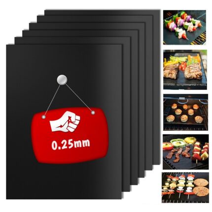 0.25mm bbq grill mat set, 100% non-stick baking mats – works on gas, charcoal, electric grill and more – barbecue tools