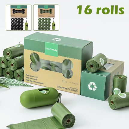 16 rolls dog poop bags with dispenser green biodegradable leak-proof thick puppy waste bag protable outdoor pet cleaning tool