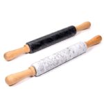 18-inch large deluxe natural marble stone rolling pin with wood handles & cradle (gray/black)