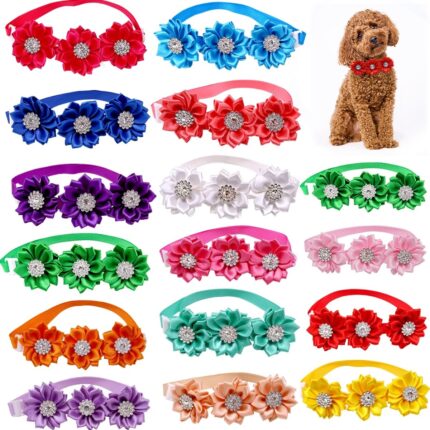 50pcs dog bowtie pet flower collar with diamond adjustable collar cats bow tie gift for small middle pets accessories wholesale