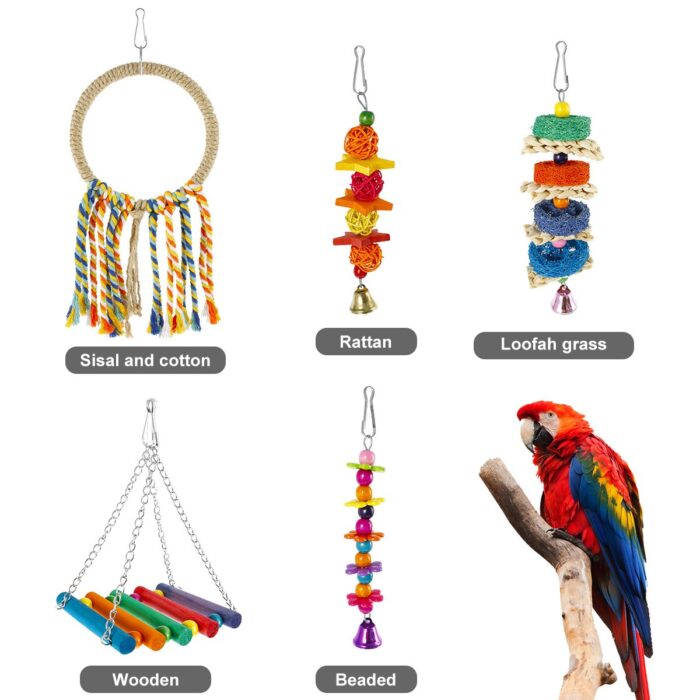 7pcs parrot toys kit wood colorful bird hanging swing toy parrot playing training toy for parakeets cockatiels finches budgie