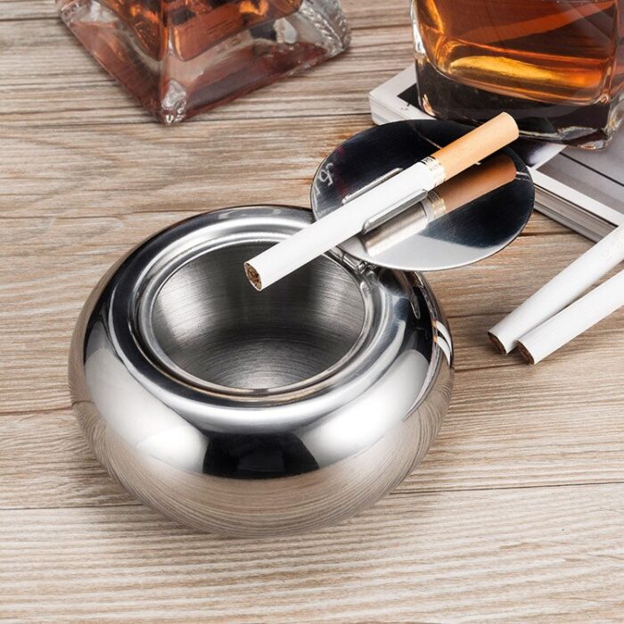Ashtray, 304 stainless steel tabletop ashtray with lid, indoor outdoor use, ash holder smokers, home office decoration