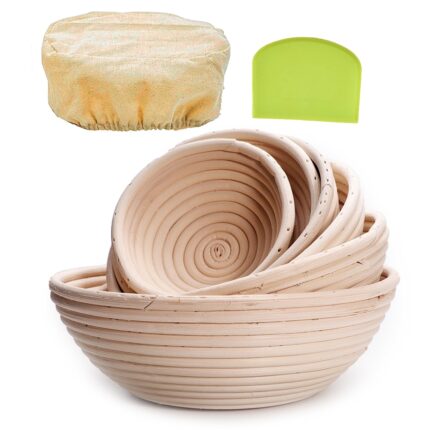 Banneton bread proofing basket, sourdough brotform natural rattan basket for bread baking – includes cloth liner & dough scraper
