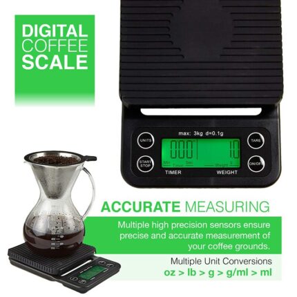 Coffee digital scale with timer, high accuracy kitchen food scale with tare function, 6.6lb/3kg max load, 0.1g precision sensor