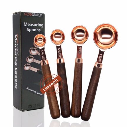 Copper measuring spoons set of 4, copper-plated top-quality stainless steel with wood handles / rose gold
