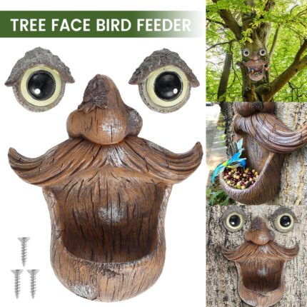 Creative 3d face bird feeder resin fun old man statue tree ornamen hanging food container outdoor garden decor wild birds feeder