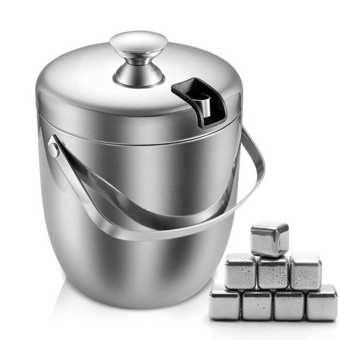 Ice bucket, insulated stainless steel double walled ice bucket 2.8l with lid and whiskey chilling stones for beer wine cooler