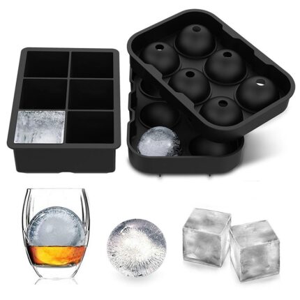 Ice cube trays set of 2, whiskey ice ball maker with lids & large square ice cube molds, reusable silicone combo mold , bpa free
