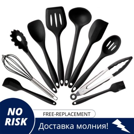 Kitchen utensils cooking set includes 10 pieces non-stick cookware spaghetti server, soup ladle, slotted turner, whisk