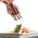 18/8 brushed stainless steel pepper mill and salt mill, 6 oz glass tall body, 5 grade adjustable ceramic rotor