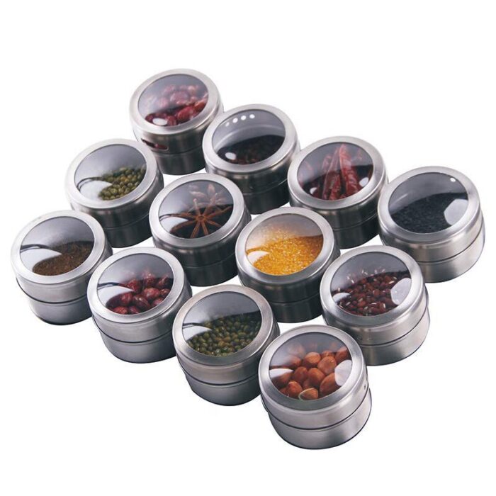 Magnetic spice tins set – shake or pour containers attach to most refrigerator doors- easy open window top shakers