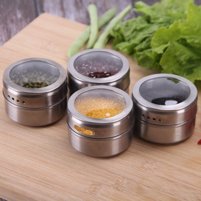 Magnetic spice tins set – shake or pour containers attach to most refrigerator doors- easy open window top shakers