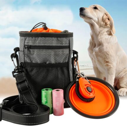 Multi-function dog training bag portable pet outdoor treat bags food holder adjustable waist belt garbage bag folding bowl kit