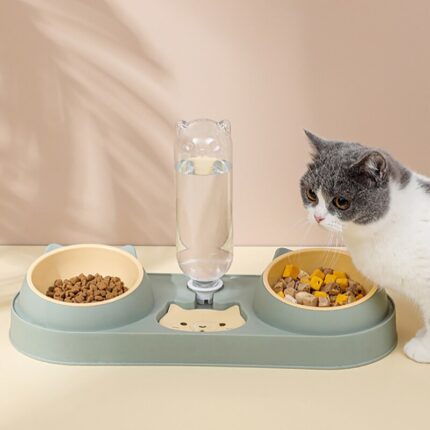 Pet cat bowl automatic feeder dog cat food bowl with water fountain double bowl drinking raised stand dish bowls for cats feeder