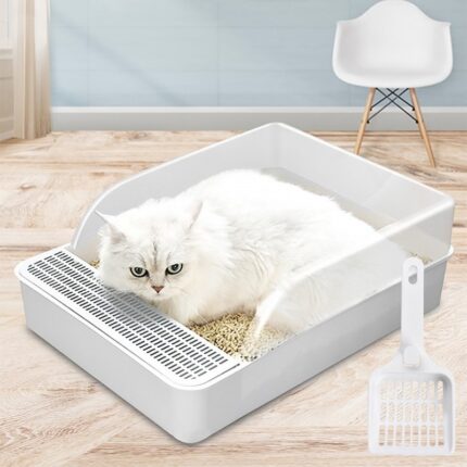 Pet cat semi-open bedpans plastic cats litter tray box anti-splashing high side sifting litter box with litter sifting scoop
