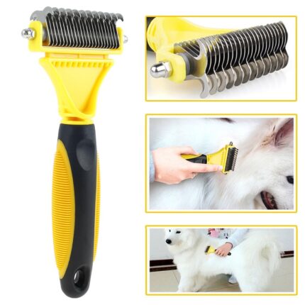 Pets grooming brush double sided dog comb self cleaning stainless steel removing tangles knots deshedding tool for dogs cat