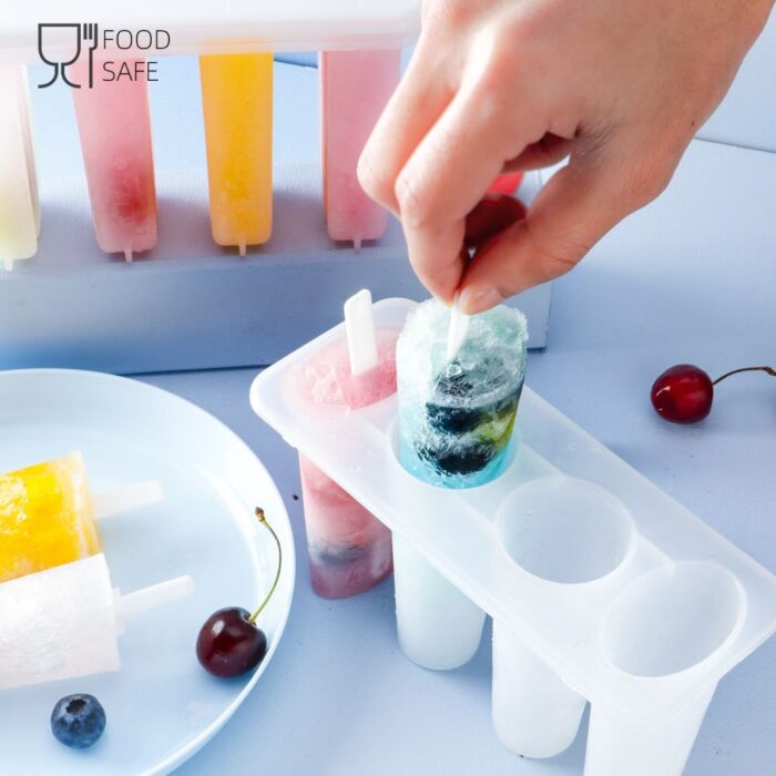 Popsicle molds, 4 cavities homemade ice cream mold reusable easy release ice pop molds & 50 wooden sticks