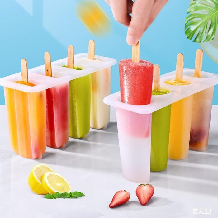 Popsicle molds, 4 cavities homemade ice cream mold reusable easy release ice pop molds & 50 wooden sticks