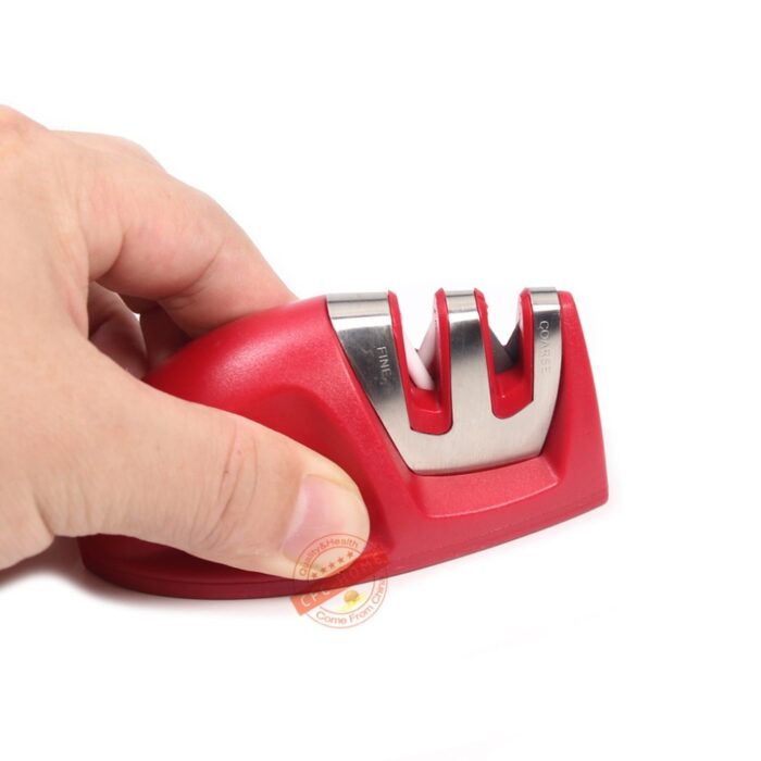Portable 2-stage kitchen knife sharpener with comfortable non-slip grip, kitchen accessories black / red