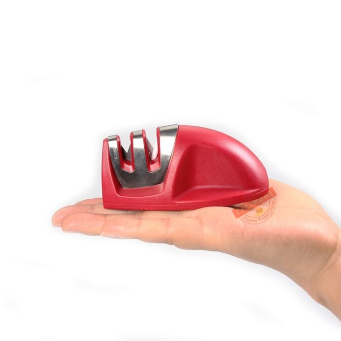 Portable 2-stage kitchen knife sharpener with comfortable non-slip grip, kitchen accessories black / red