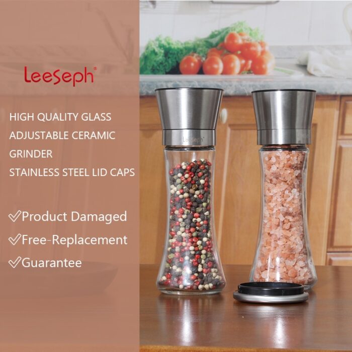 Premium salt and pepper grinder set of 2, adjustable and easy to use, 304 stainless steel top thick glass body, kitchen tools