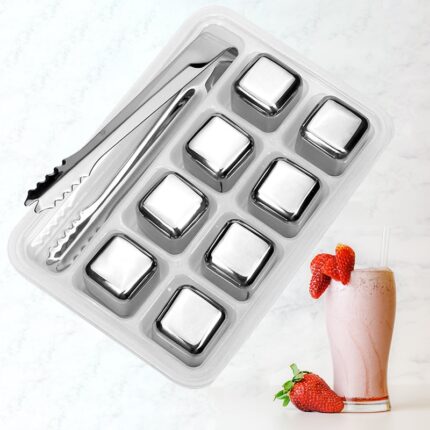 Reusable ice cubes for drinks -metal ice cube – chills drinks without diluting them – with storage tube with tongs and tray