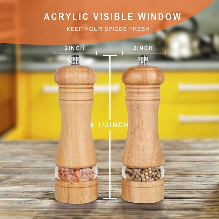 Salt and pepper grinder set, wood pepper mills, wooden salt grinders refillable manual pepper ginder with acrylic visible window