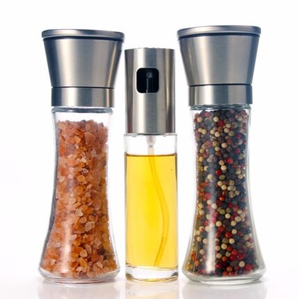 Salt and pepper grinder with olive oil sprayer set of 3 for cooking, bbq, kitchen baking