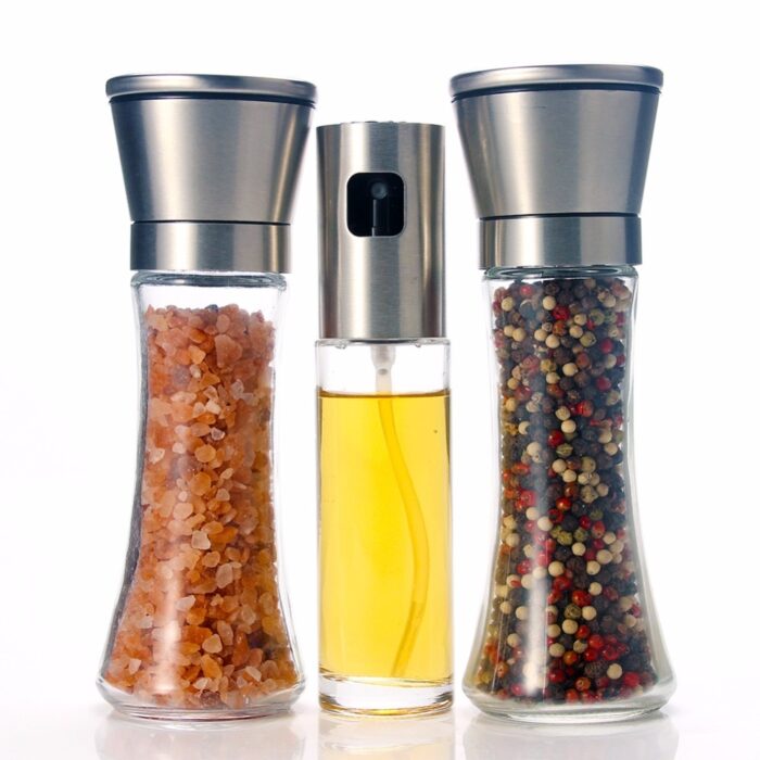 Salt and pepper grinder with olive oil sprayer set of 3 for cooking, bbq, kitchen baking