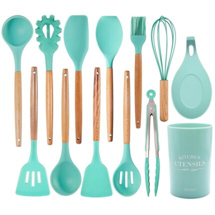Silicone kitchen utensils 1pc, kitchen cooking utensils with holder, wooden handle silicone utensils set, heat resistant