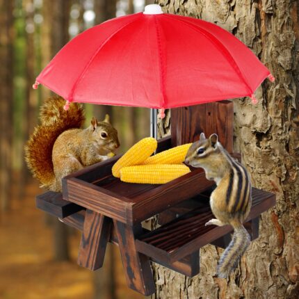 Squirrel feeder table with umbrella wooden chipmunk picnic table feeder corn cob holder with solid structure thick benches