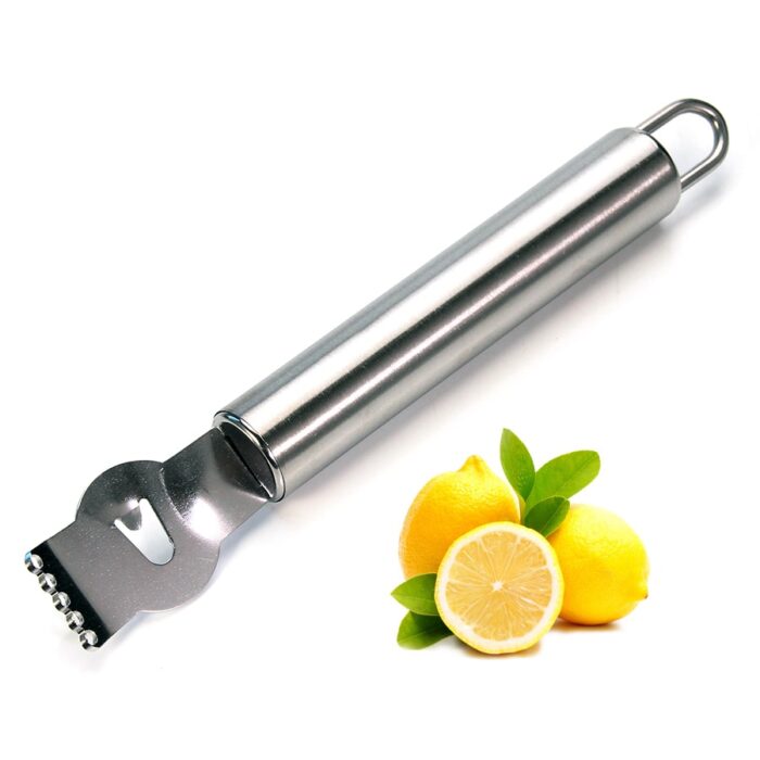 Stainless steel lemon zester grater with channel knife and hanging loop