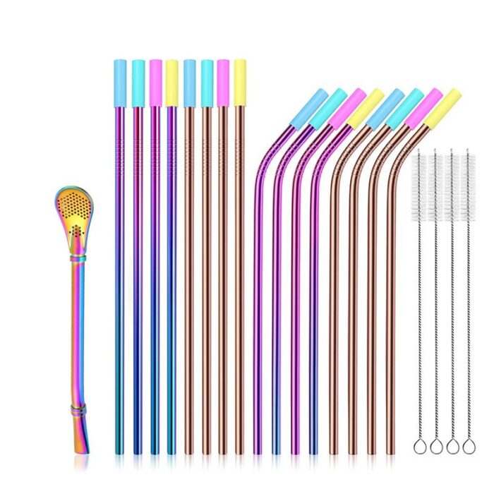 Stainless steel straws with silicone tips, drinking metal reusable straws with cleaning brush