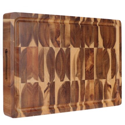 Thick acacia wood cutting board 44.5 x 30 x 4cm reversible multipurpose with juice groove, inner handles