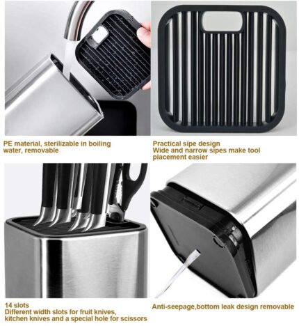 Universal knife block, knife holder for kitchen counter, stainless-steel modern rectangular design with scissors-slots
