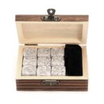 Whiskey stones set – 9 granite whiskey rocks / wooden box / velvet bag / reusable cooling ice cubes