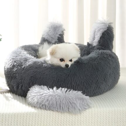 Winter warm pet bed nest grey long plush rabbit ears shape dog deep sleeping mat soft comfortable cat cushion beds pets product