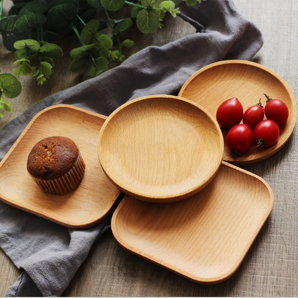 Wood serving plate, wood square & round serving tray, fruit dessert cake snack candy platter wooden bowls