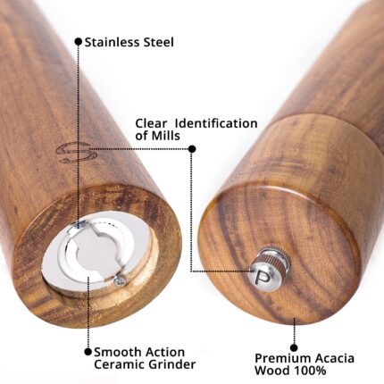 Wooden salt and pepper grinder set refillable and matching wood tray – tall 8 inch acacia wood salt and pepper shakers