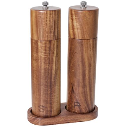 Wooden salt and pepper grinder set refillable and matching wood tray – tall 8 inch acacia wood salt and pepper shakers