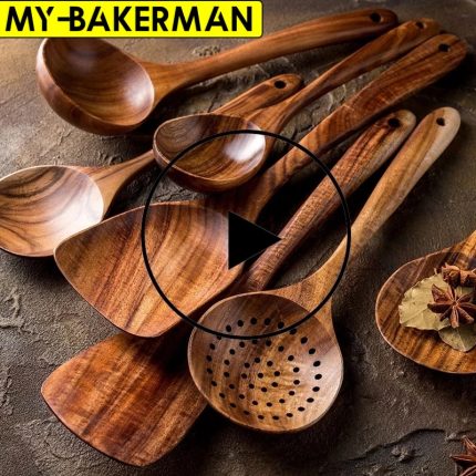 7-piece natural teak wood kitchen utensil set with nano-soup skimmer, colander spoon, and cooking spoon