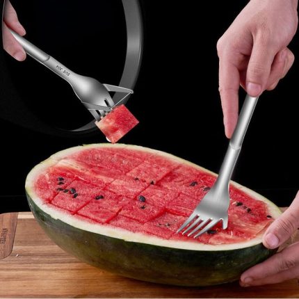 Stainless steel watermelon slicer and fork: 2-in-1 fruit cutter and vegetable tool – perfect kitchen accessory for easy watermelon slicing