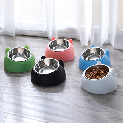 200ml 15 degrees tilted stainless steel cat bowl non-slip base puppy cats food drink water feeder neck protection dish pet bowl