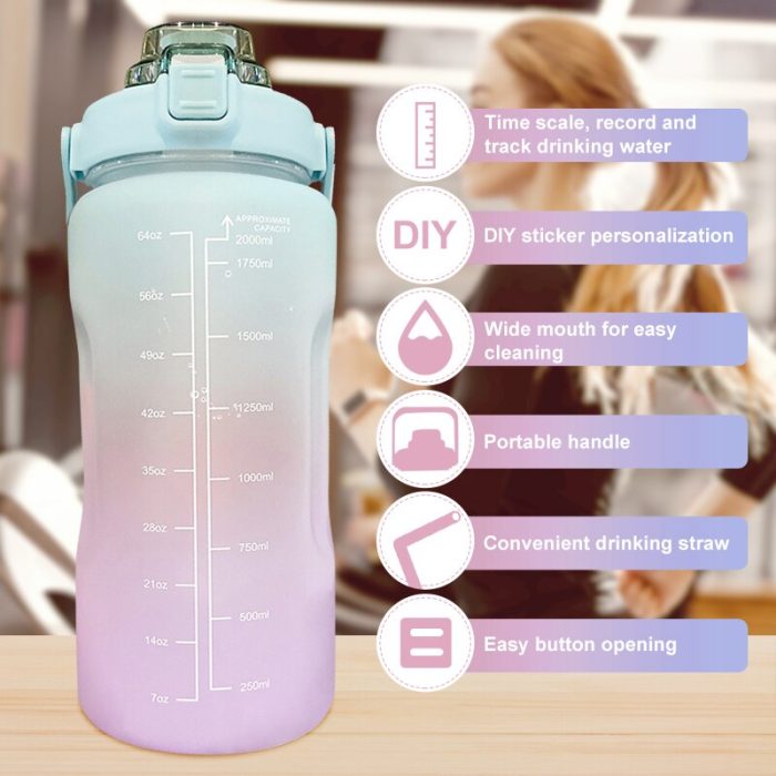 Motivational 2l water bottle with straw – perfect for girls’ outdoor activities