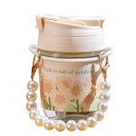 Pearl bracelet glass tumbler – 350ml capacity with straw, heat-resistant for coffee and water – great christmas gift for girls!