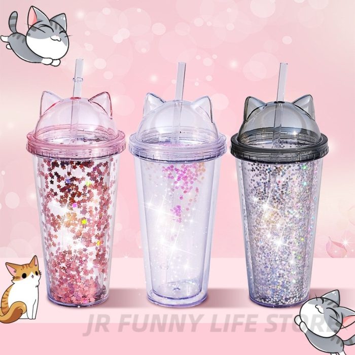 420ml sequin cat ear water bottle for girls – bpa-free double-wall tumbler with straw for reusable drinks on the go