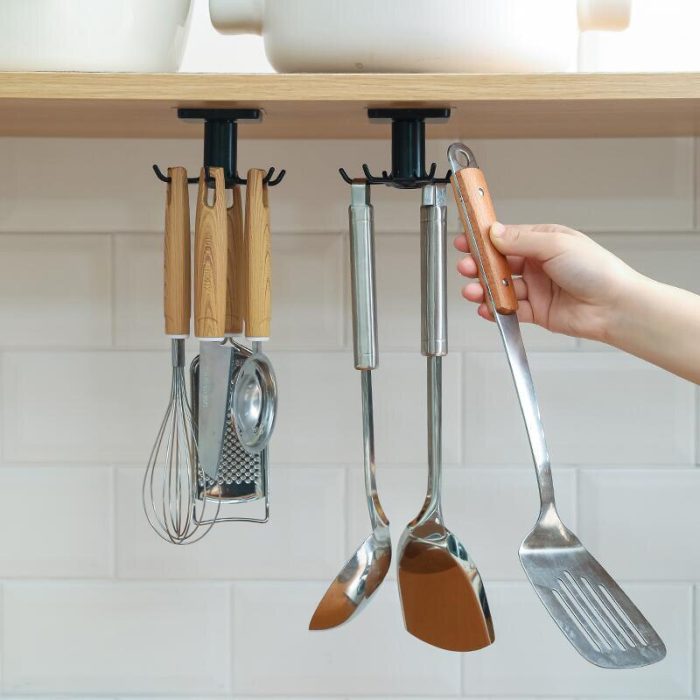 Rotatable kitchen storage rack: 4pcs cabinet organizer with hooks for easy kitchen organization and storage