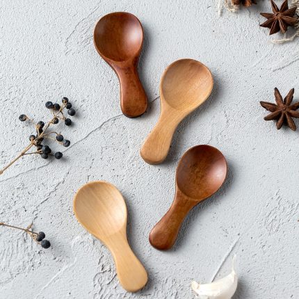 4-piece mini wooden spoon set – small kitchen scoops for spices, sugar, tea, and coffee – short handle wood scoops for kids – kitchen gadget and accessory
