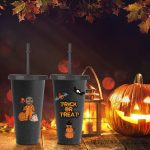 Spooky black tumbler with halloween stickers – glittery and reusable – perfect for girls’ drinkware sets